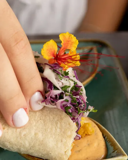Una mano toma un taco con flor comestible sobre un plato verde azulado, de Capitalino.