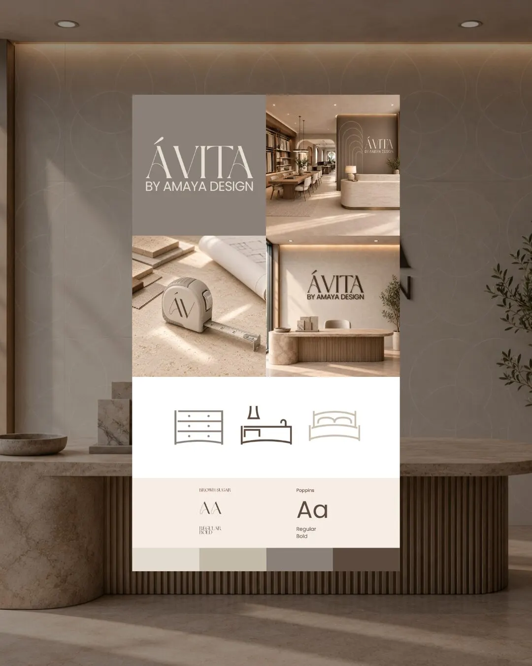 Tablero de marca de ÁVITA by Amaya Design: logo, interiores, íconos de mobiliario, tipografía y paleta en tonos tierra.