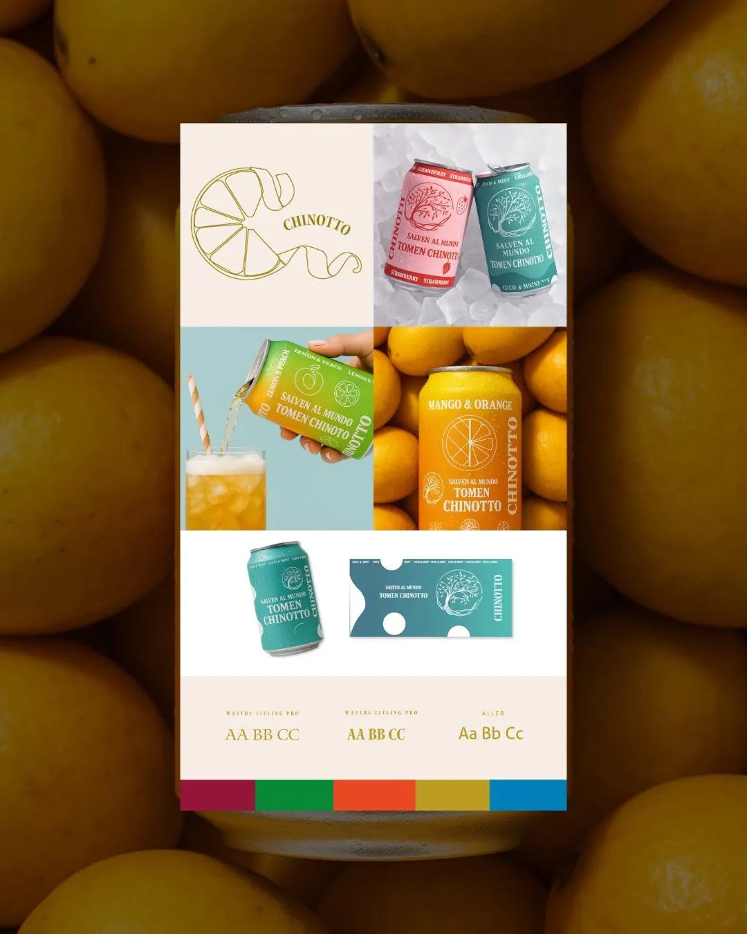Tablero de marca de Chinotto: latas de colores, ilustración de cítricos, tipografía y paleta.