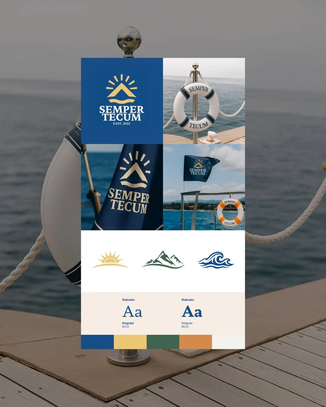 Tablero de marca de Semper Tecum: logo azul con sol dorado, salvavidas y bandera con el logo sobre el mar, íconos de sol, montaña y ola, tipografía y paleta azul, dorado, verde y naranja.