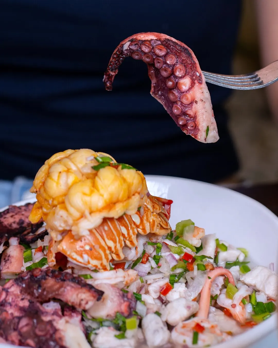 Tenedor con un tentáculo de pulpo sobre un bowl con una cola de langosta y un picadillo de mariscos.