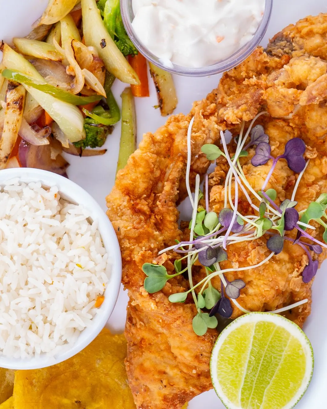 A plate of breaded fish with white rice, sautéed vegetables, sprouts and a lime.