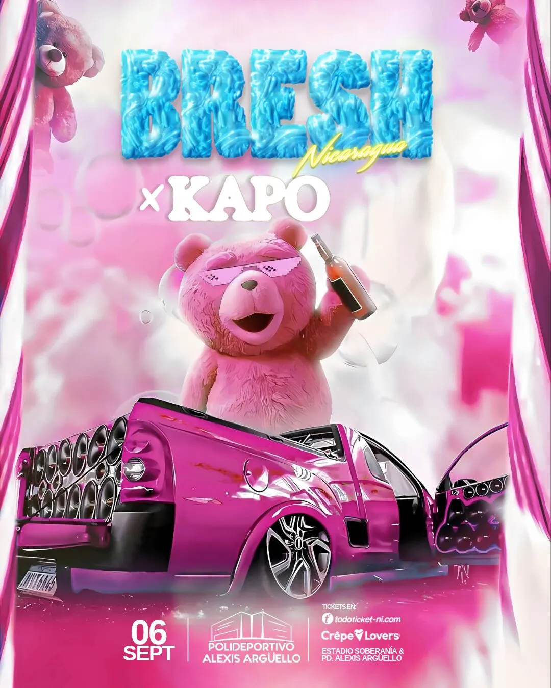 Afiche del concierto Bresh Nicaragua x Kapo: letras azules de hielo, un oso rosado con lentes sobre una camioneta rosada con parlantes, y la fecha 6 de septiembre.