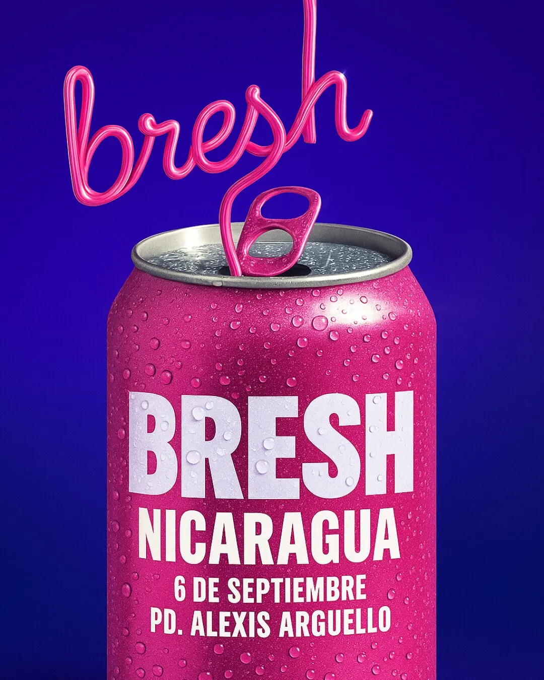 Pieza de Bresh Nicaragua: una lata rosada con gotas de agua y el nombre dibujado como pajilla, con la fecha del 6 de septiembre, sobre fondo azul.