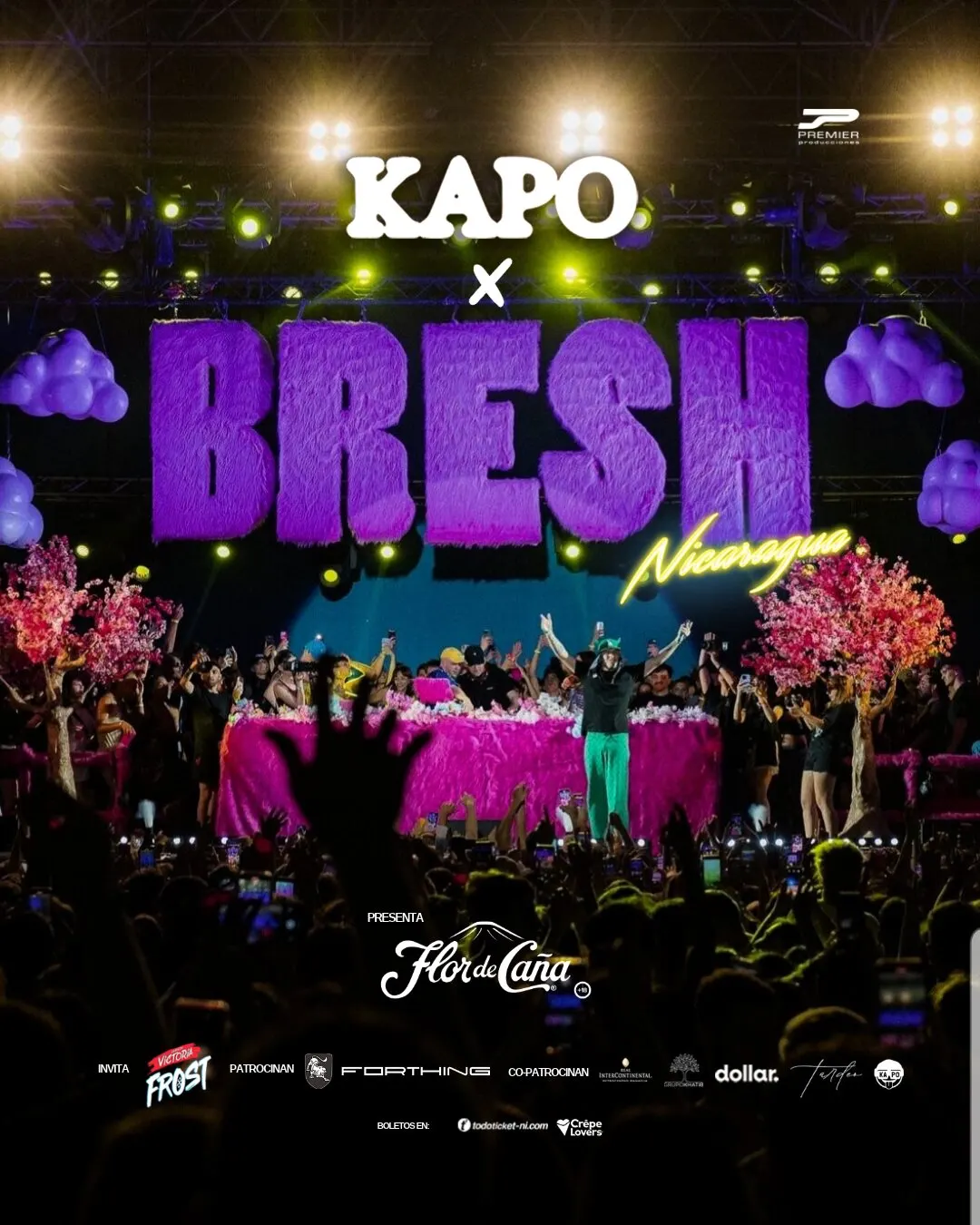 Pieza del concierto Kapo x Bresh Nicaragua: letras moradas gigantes sobre un escenario con público y luces, y los logos de los patrocinadores.