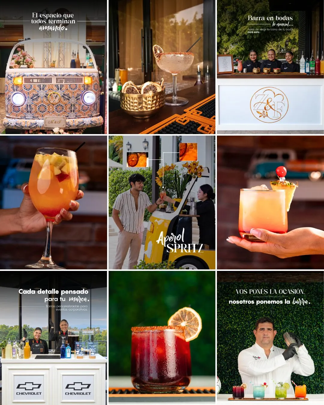 Cuadrícula de feed de Instagram con cócteles de colores, una barra móvil y un bartender.
