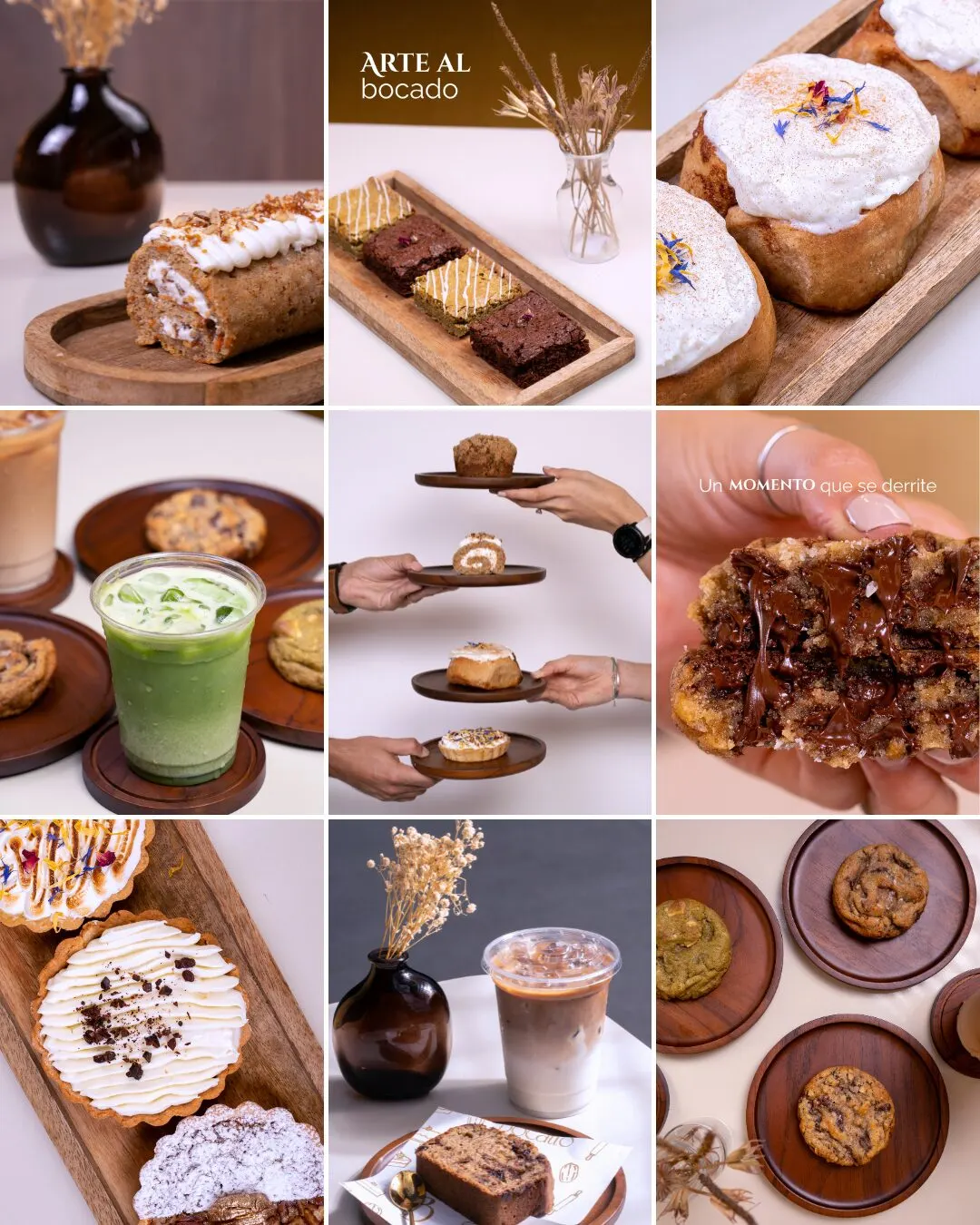 Cuadrícula de feed de Bocatto con pasteles, galletas y bebidas sobre tablas de madera.