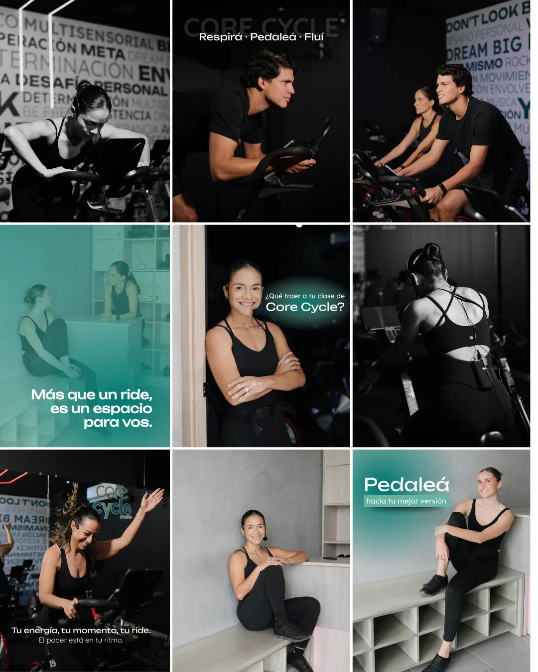Cuadrícula de feed de Core Pilates & Cycle: instructores en bicis de estudio en blanco y negro, retratos y piezas verdes con textos como Pedaleá hacia tu mejor versión.