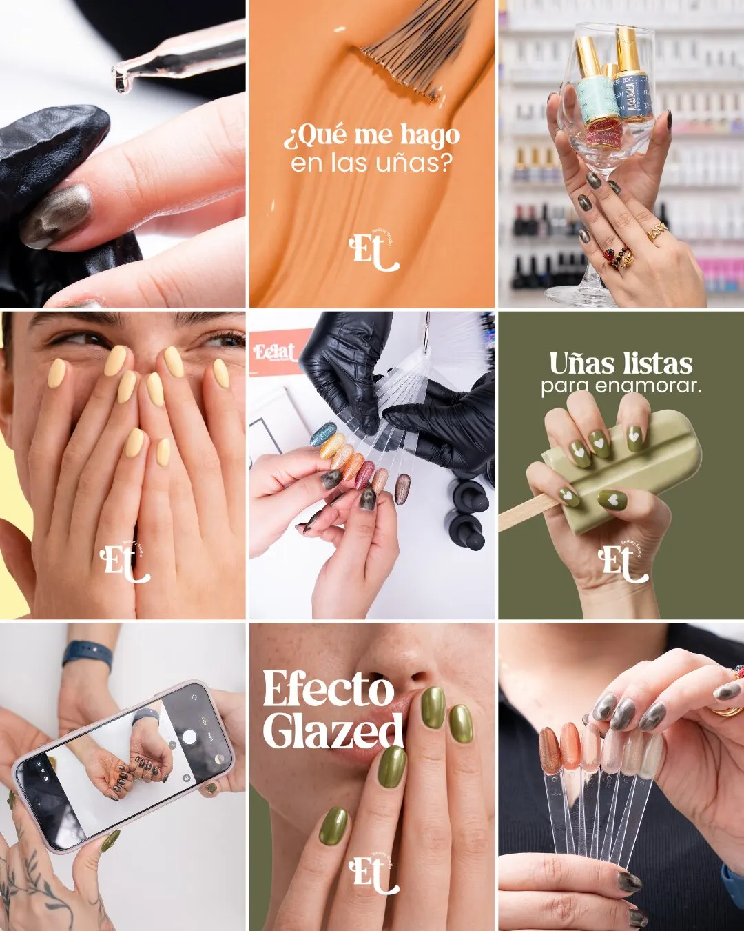 Cuadrícula de feed de Éclat Beauty Studio: manos con uñas pintadas, muestrarios de esmaltes y piezas con textos como Efecto Glazed y Uñas listas para enamorar.