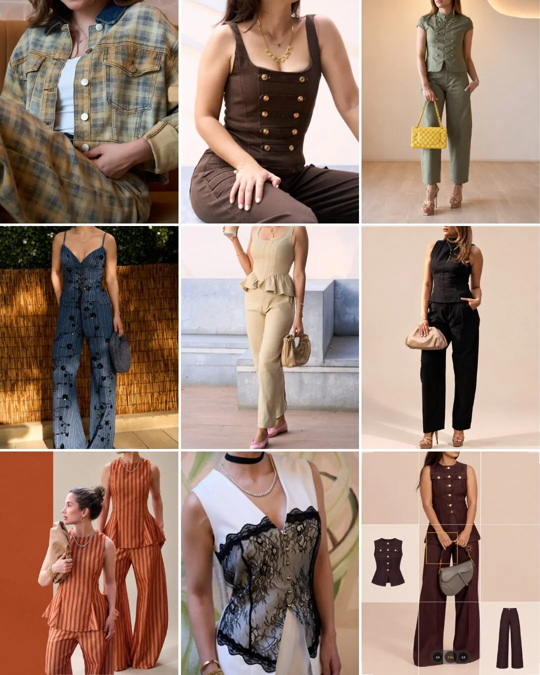 Cuadrícula de feed de una tienda de ropa con conjuntos y piezas de temporada.