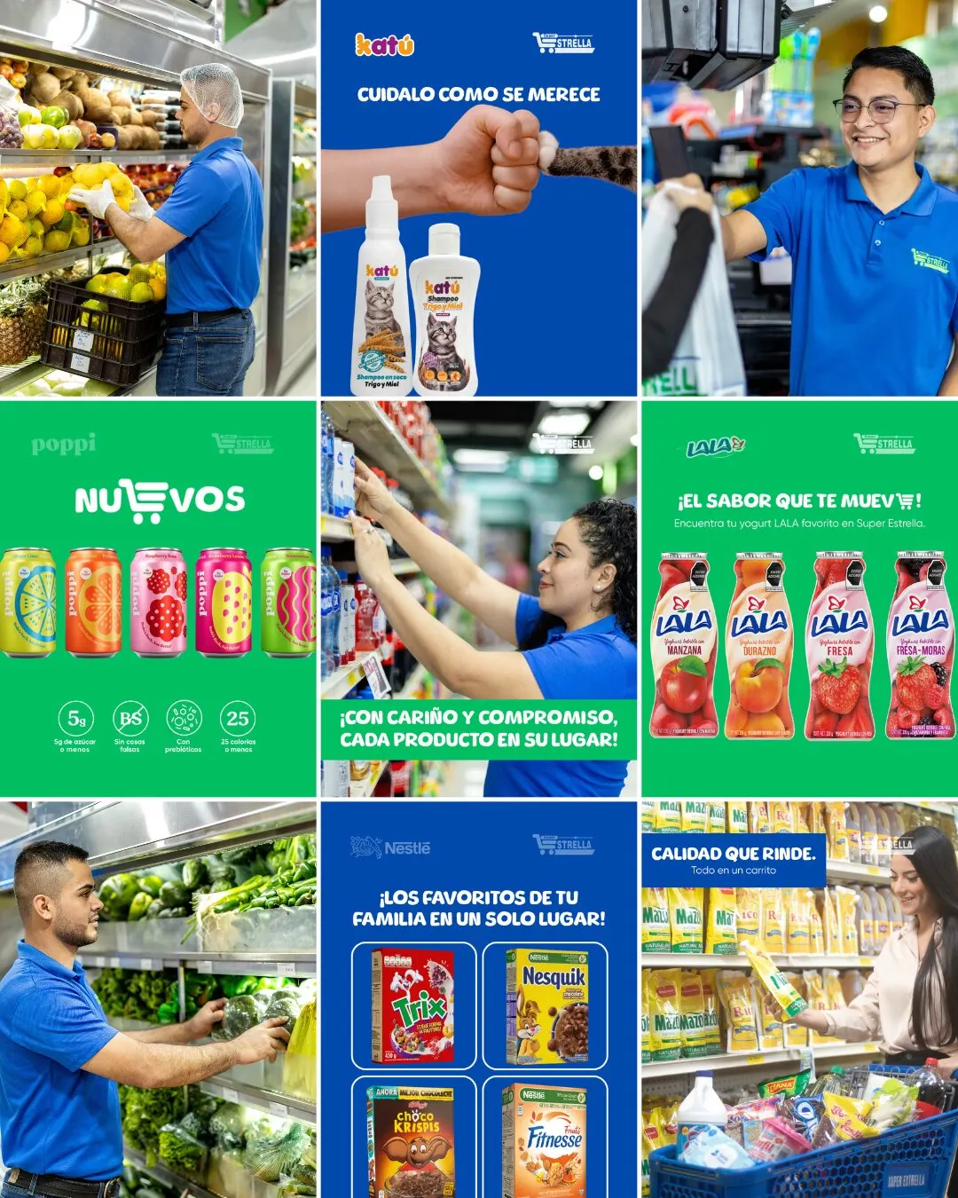 Cuadrícula de feed de Super Estrella: personal de camisa azul entre frutas y verduras, y piezas verdes y azules con productos como Poppi, Lala, Nestlé y Katú.