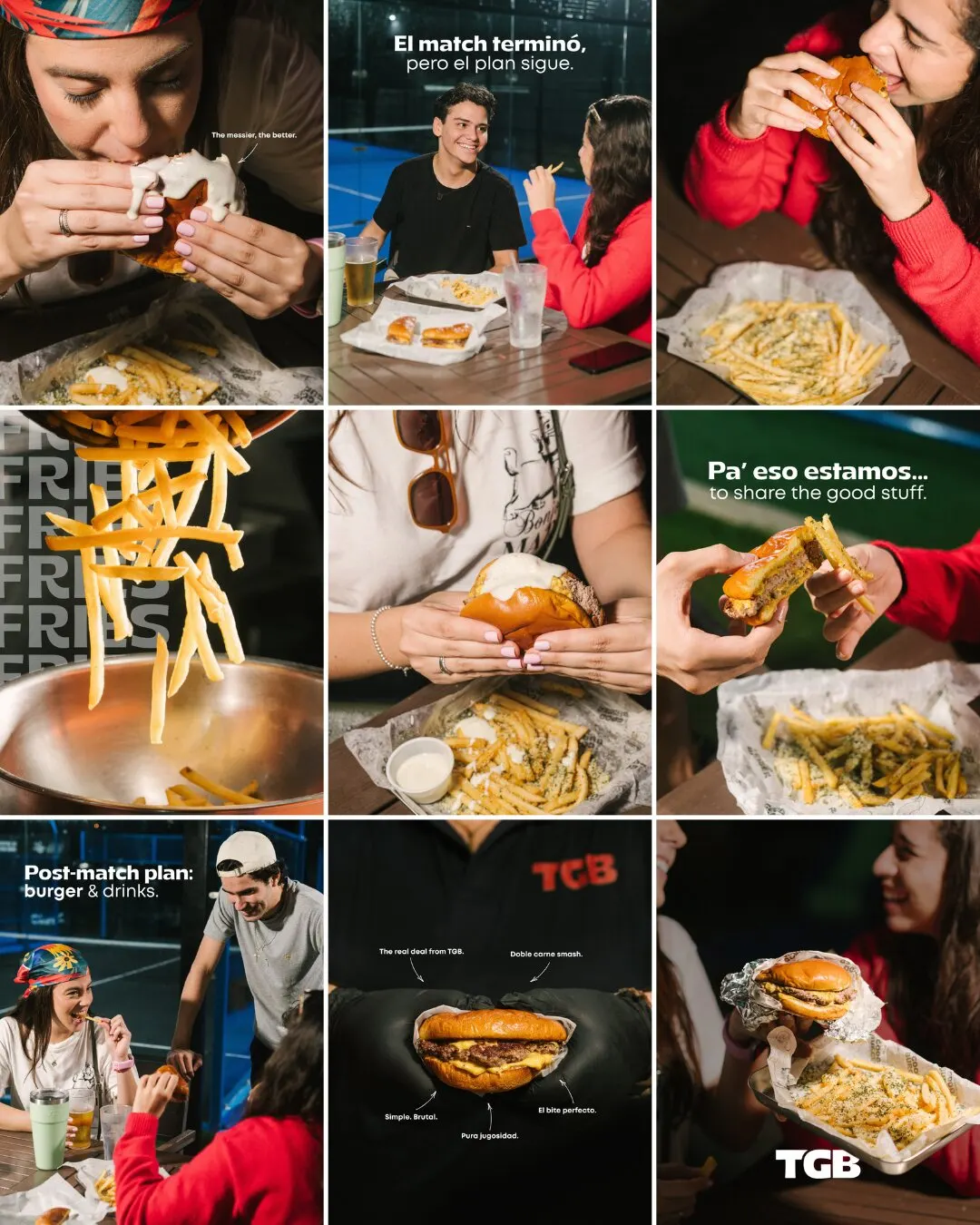 Cuadrícula de feed de TGB: hamburguesas, papas fritas y amigos después de un partido, con piezas oscuras y textos como Post-match plan: burger & drinks.