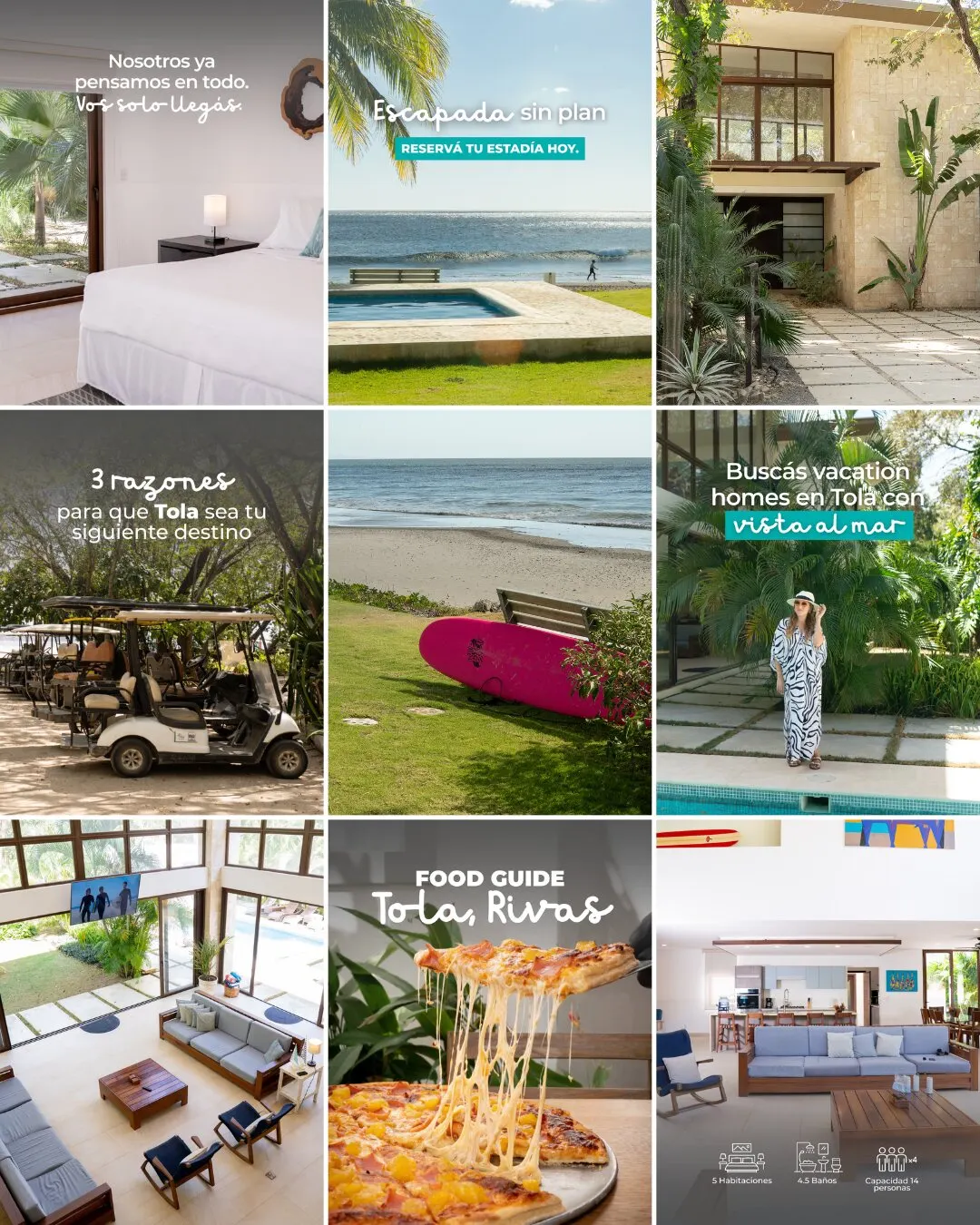 Cuadrícula de feed de casas de vacaciones en Tola, Rivas: habitaciones, playa, piscina, un carrito de golf y una guía de comida, con textos como Escapada sin plan.