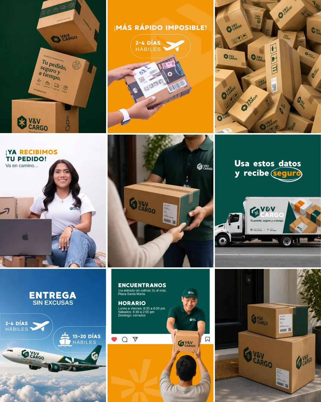 Cuadrícula de feed de V&V Cargo con cajas, aviones y mensajes de entrega.